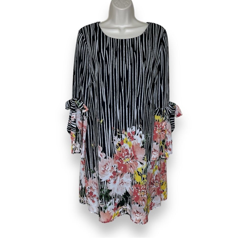 Luxology Ruffle Tie Long Bell Sleeve Chiffon Stripe Floral Shift Dress Women 4